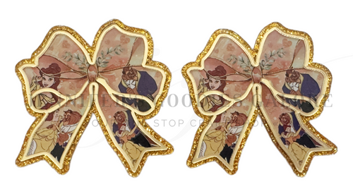 70mm, Princess Resins, Planar Resins, Belle, Beauty and the Beast, Coquette Bow, Gold Glitter, Badge Reel Resins, Flat Back Resins, Cabochons, Hair Bow Centers, 2PC