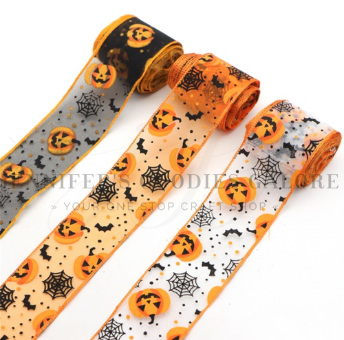 1.5", Halloween Ribbon, Sheer Ribbon, Embossing Edge, Moonstitch, Pumpkins, Bats, 4-1/2 - 5 YARD