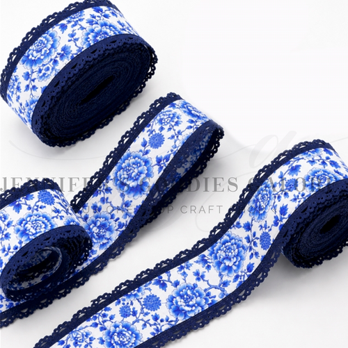 2.5", Linen Ribbon, Blue Floral Ribbon, Embossing Ribbon, Hair Bow Ribbon, Wholesale Ribbon, 4.5-5 YARD ROLL