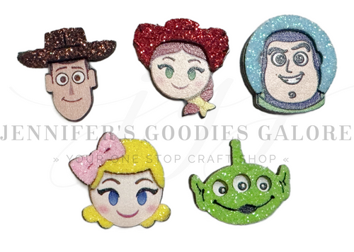 SMALL Wooden Embellishments, Toy Story,  Laser-Cut Wooden Embellishments, Woody and Buzz, Printed Wood, Glitter Wooden Embellishments, Wooden Characters, Hair Bow Centers, DIY Earrings, 5 PC SET