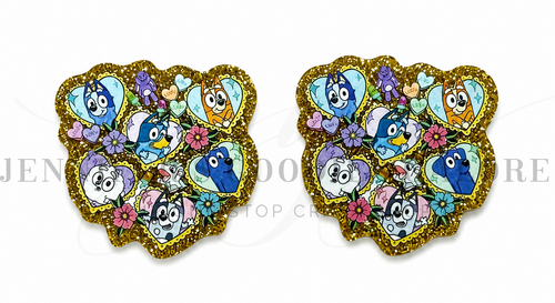 50mm, Cartoon Resins, Planar Resins, Gold Glitter, Bluey, Bingo, Embellishments, Resins, Flat Back Resins, Hair Bow Centers, Cabochons, Wholesale Resins, 2PCS (3139)
