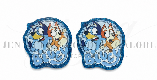 43x50mm, Cartoon Resins, Planar Resins, Blue Glitter, Bluey, Bingo, Embellishments, Resins, Flat Back Resins, Hair Bow Centers, Cabochons, Wholesale Resins, 2PCS (3138)