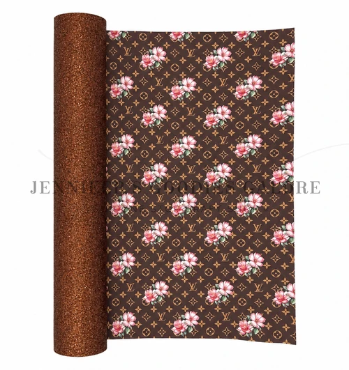 12x53.5", Fashion Designer Leather, LV Leather Roll, Pink Flowers, Double Sided, Brown Glitter, Key FOB Leather, Hair Bow Leather, 1 ROLL