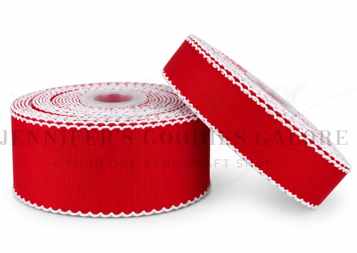 Moonstitch Ribbon, Scallop Edged Ribbon, Red Ribbon, White Stitch, Hair Bow Ribbon, Grosgrain Ribbon, PER YARD