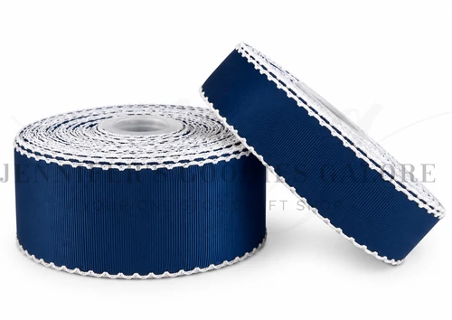Moonstitch Ribbon, Scallop Edged Ribbon, Light Navy Ribbon, White Stitch, Hair Bow Ribbon, Grosgrain Ribbon, PER YARD
