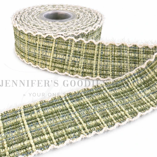 1.5", Tweed Ribbon, Plaid, Moonstitch Ribbon, Olive Green, Hair Bow Ribon, Ribbon for Crafts, Wholesale, PER YARD