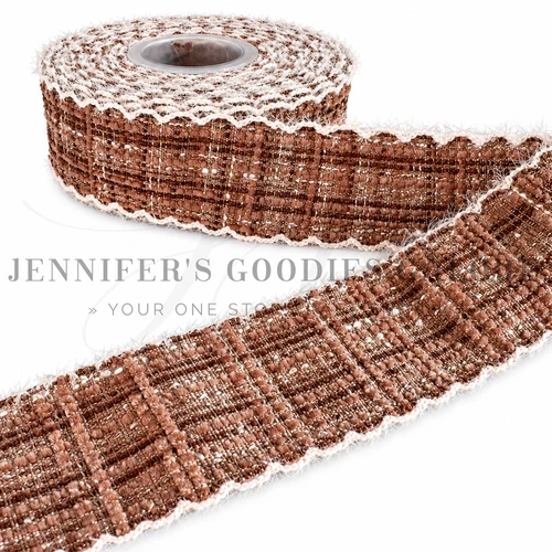 1.5", Tweed Ribbon, Plaid, Moonstitch Ribbon, BROWN, Hair Bow Ribon, Ribbon for Crafts, Wholesale, PER YARD