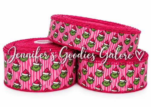 Christmas Ribbon, Moonstitch, Grinch Ribbon, Pink Stripes, Bright Pink Stitch, Hair Bow Ribbon, Wholesale Ribbon, PER YARD