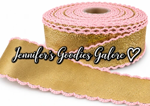Glitter Ribbon, THIN, Moonstitch Ribbon, GOLD, Pink Stitch, Hair Bow Ribbon, Per Yard