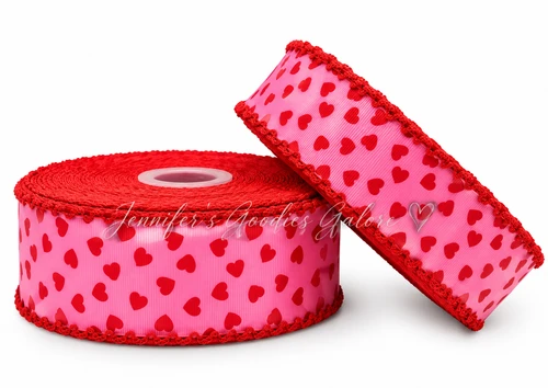 Moonstitch Ribbon, Holiday Ribbon, Valentine's Day Ribbon, Pink Hearts Ribbon, Red Stitched Edge, Wholesale, PER YARD