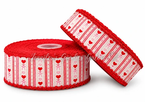 Moonstitch Ribbon, Holiday Ribbon, Valentine's Day Ribbon, Red Hearts, Pink Coquette Bows, Red Stitched Edge, Wholesale, PER YARD