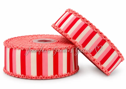Moonstitch Ribbon, Holiday Ribbon, Valentine's Day Ribbon, Striped Ribbon, Red, Pink, White, Pink Stitched Edge, Wholesale, PER YARD 