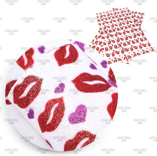 20x34cm (7.8" x 13.4"), Lips Synthetic Leather, Fine Glitter, Valentine Fabric Sheet, Kisses Fabric, Holiday Leather, Leather Fabric, Faux Leather Fabric Sheet, Fabric, DIY Hair Bows, 1 Sheet (160)