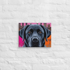 City Pulse – Black Labrador modern canvas wall art in 18×24 inch size, striking neon skyline with bold black lab profile, stylish urban artwork for pet lovers.