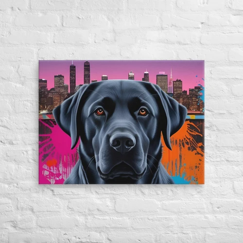 City Pulse – Black Labrador modern canvas wall art in 24×32 inch size, vibrant pink and orange graffiti skyline background, urban-themed dog lover home décor.