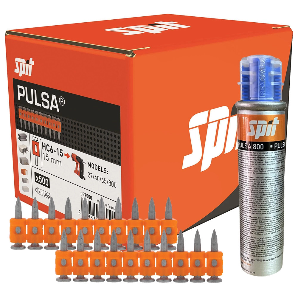 Spit 057550 500 Pack HC6-15 15mm Steel & Concrete Pins With 1 X Fuel Cell