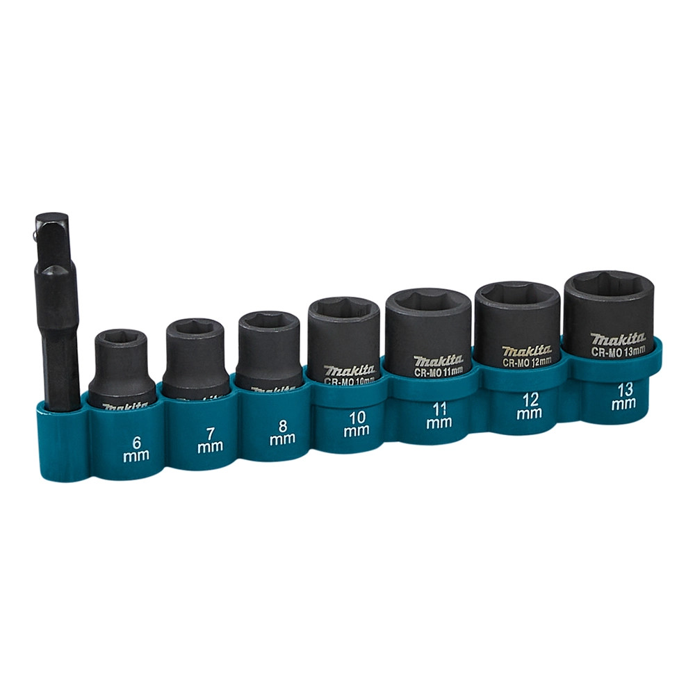 Makita 8 Piece ¼" Impact Socket Set - CR-MO Steel Sockets (6-13mm) With Adapter