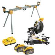 Dewalt DCS781X2 54V XR FLEXVOLT Brushless 305mm Sliding Mitre Saw, 2x 9.0Ah XR FLEXVOLT Batteries, Charger & DE7023 Universal Extendable Saw Stand