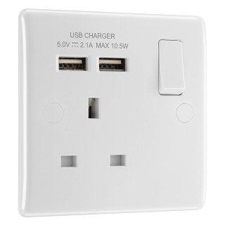 BG Electrical 800 Series 13A 1-Gang SP Switched Plug Socket with 2.1A 2-Outlet Type A USB Charger White BG Electrical 800 Series 13A 1-Gang SP Switched Plug Socket with 2.1A 2-Outlet Type A USB Charger White