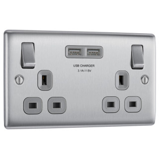 BG Electrical Nexus Metal 13A 2-Gang SP Switched Plug Socket with 3.1A 2-Outlet Type A USB Charger Brushed Metal BG Electrical Nexus Metal 13A 2-Gang SP Switched Plug Socket with 3.1A 2-Outlet Type A USB Charger Brushed Metal