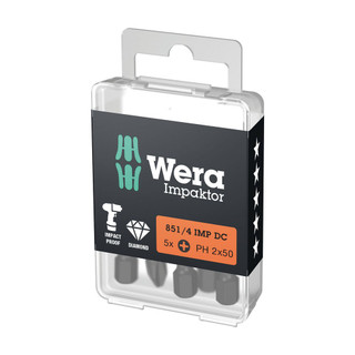 Wera Impaktor '851/4 IMP DC PH DIY' 50mm PH2 Impact Screwdriver Bits - Pack of 5 Wera Impaktor '851/4 IMP DC PH DIY' 50mm PH2 Impact Screwdriver Bits - Pack of 5