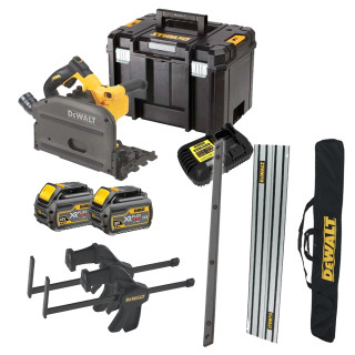 Dewalt DCS520 54V XR FLEXVOLT Brushless Plunge Saw, 2x 1.5m Guide Rails, 1x Connector Piece 2x Clamps, 1x Guide Rail Case, 2x 6.0Ah Batteries, Charger & Tool Case