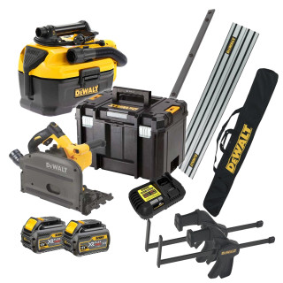 Dewalt DCS520 54V XR FLEXVOLT Brushless Plunge Saw, 2x 6.0Ah Batteries, Charger, Tool Case, 2x 1.5m Guide Rails, Connector Piece 2x Clamps, Guide Rail Case & DCV584L L-Class Vacuum Dewalt DCS520 54V XR FLEXVOLT Brushless Plunge Saw, 2x 6.0Ah Batteries, Charger, Tool Case, 2x 1.5m Guide Rails, Connector Piece 2x Clamps, Guide Rail Case & DCV584L L-Class Vacuum