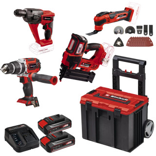 Einhell 4 Piece 18V Power X-Change Tool Kit, 2x 2.5Ah Batteries, 2x 2.0Ah Batteries, 2x Chargers & Wheeled Box