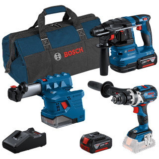 Bosch GBH 18V-22 18V Brushless SDS+ Rotary Hammer Drill, GSB 18V-110 C 18V Brushless Combi Drill, GDE 18V-12 Dust Extractor Attachment, 2x 4.0Ah Batteries, Charger & Tool Bag