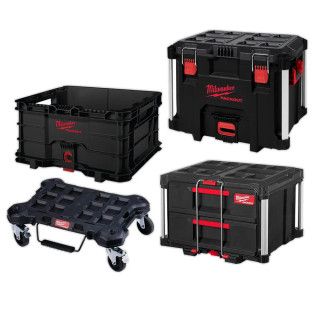 Milwaukee PACKOUT Flat Trolley, XL Tool Box, 2 Drawer Tool Box & Crate Milwaukee PACKOUT Flat Trolley, XL Tool Box, 2 Drawer Tool Box & Crate