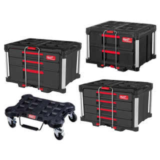 Milwaukee PACKOUT Flat Trolley, 2+1 Drawer Tool Box, 4 Drawer Tool Box & 2 Drawer Box Milwaukee PACKOUT Flat Trolley, 2+1 Drawer Tool Box, 4 Drawer Tool Box & 2 Drawer Box