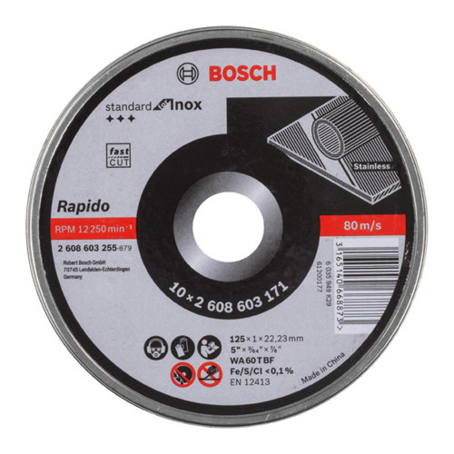 Bosch 125 x 1mm Stnard for Inox Cutting Disc Straight - Tin of 10 image Bosch 125 x 1mm Stnard for Inox Cutting Disc Straight - Tin of 10 image