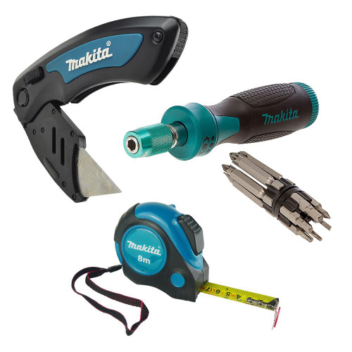 Makita Knife, 8m/26ft Tape and 13-in-1 Screwdriver Set Box Bundle image