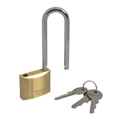 Brass Padlock 40mm Long Shackle c/w 3 Keys