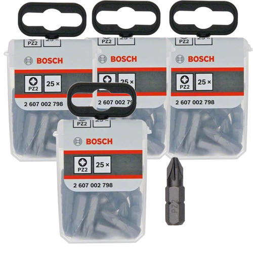 Bosch PZ2 25mm Extra Hard Screwdriver Bit Box - Pack of 100 image Bosch PZ2 25mm Extra Hard Screwdriver Bit Box - Pack of 100 image