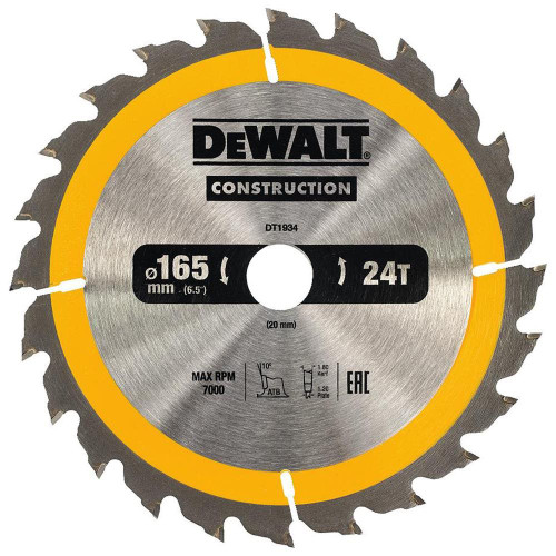 Dewalt Construction Saw Blade 165mm x 20mm 24T image Dewalt Construction Saw Blade 165mm x 20mm 24T image