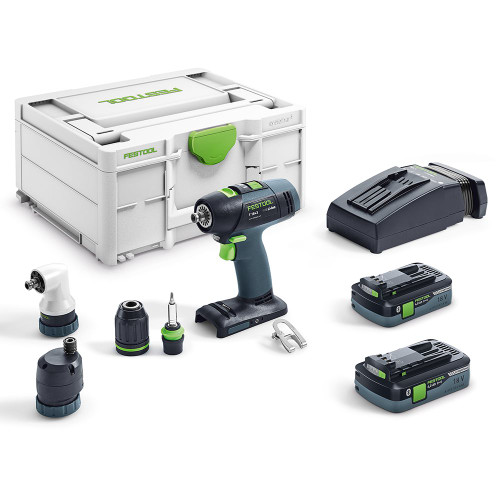 Festool T 18+3 Bushless Combi Drill with 2x 4.0Ah Batteries, Charger, Case & Chuck Attachements image