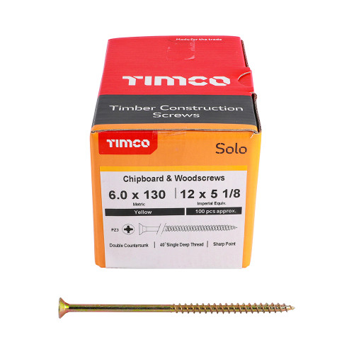 Timco Solo 6.0 x 130mm Wood Screw Zinc Yellow Passivated - Box of 100 image Timco Solo 6.0 x 130mm Wood Screw Zinc Yellow Passivated - Box of 100 image