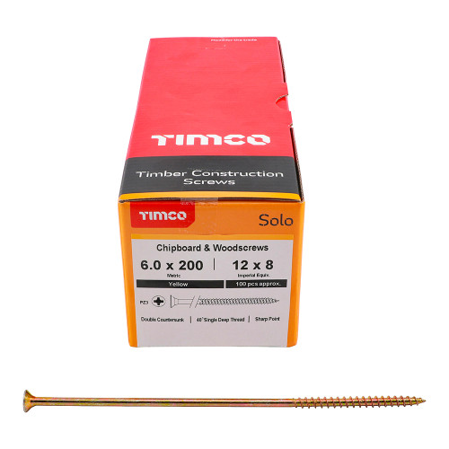 Timco Solo 6.0 x 200mm Wood Screw Zinc Yellow Passivated - Box of 100 image Timco Solo 6.0 x 200mm Wood Screw Zinc Yellow Passivated - Box of 100 image