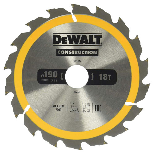 Dewalt Construction Saw Blade 190mm x 30mm 18T image