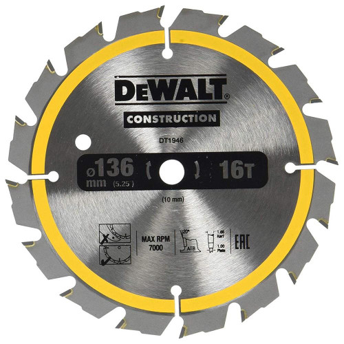Dewalt Construction Saw Blade 136mm x 10mm 16T Cordless image