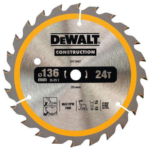 Dewalt Construction Saw Blade 136mm x 10mm 24T Cordless image
