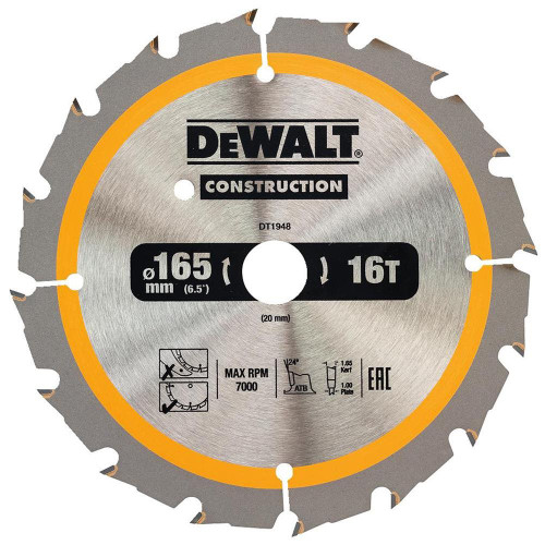 Dewalt Construction Saw Blade 165mm x 20mm 16T Cordless image