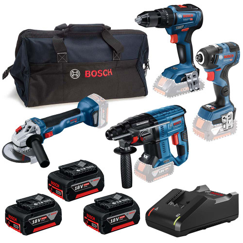 Bosch 18V Brushless 4 Piece Tool Set with 3x 4.0Ah Batteries, Charger & Bag image