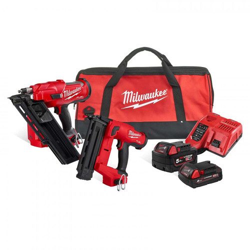 Milwaukee M18FPP2AR-522B 18V Fuel Nail Gun Twin Pack with 1x 5.0Ah & 2.0Ah Batteries, Charger & Bag image