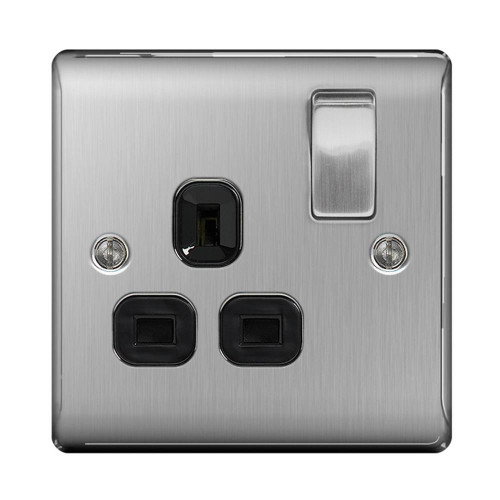 BG Brushed Steel 13A 1 Gang Double Pole Switched Socket - Black