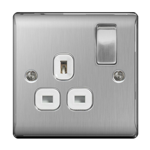 BG Brushed Steel 13A 1 Gang Double Pole Switched Socket - White image