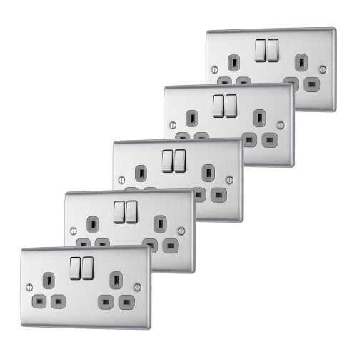 BG Brushed Steel 13A 2 Gang Double Pole Switched Socket - Pack of 5 image