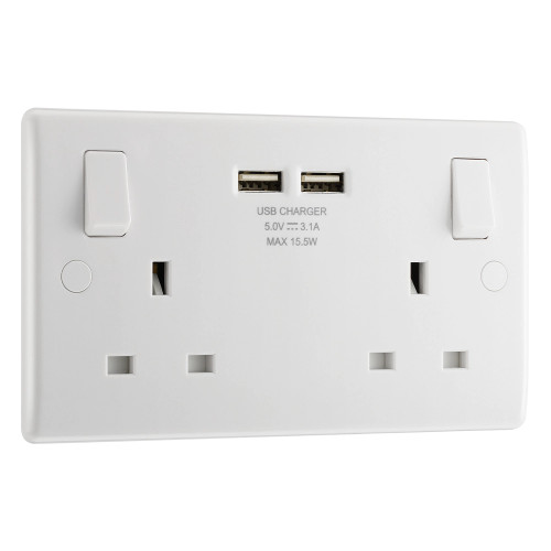 BG Electrical 800 Series 13A 2-Gang SP Switched Plug Socket with 3.1A 2-Outlet Type A USB Charger White image