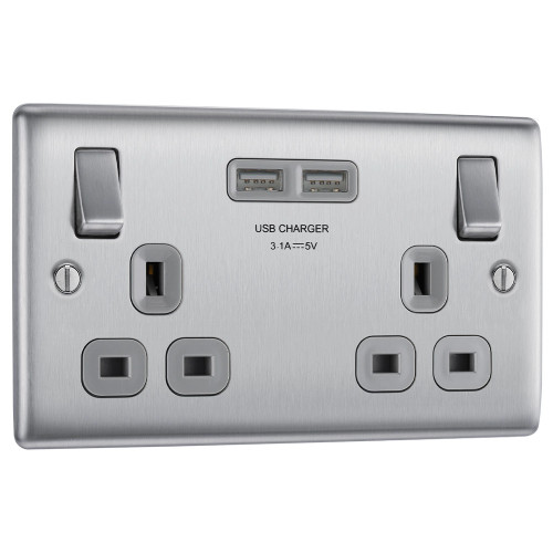 BG Electrical Nexus Metal 13A 2-Gang SP Switched Plug Socket with 3.1A 2-Outlet Type A USB Charger Brushed Metal image